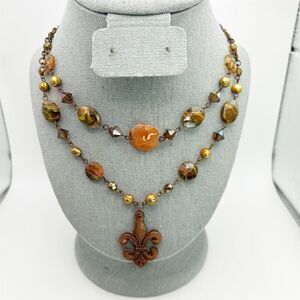 Layered Orange Stone Quartz Statement Necklace with Fleur-de-Lis Pendant 15"